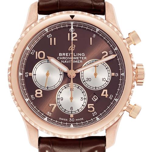 The Breitling Navitimer RB0117 Men's Rose Gold Brown Dial watch is shown from the front, featuring its dial, hands, subdials, crown, and pushers.
