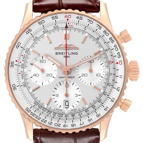 The image features a frontal view of the Breitling Navitimer RB0139 Men's Rose Gold Silver Dial RB0139 Men's Rose Gold Silver Dial watch, showcasing the dial, subdials, bezel, and part of the leather strap.