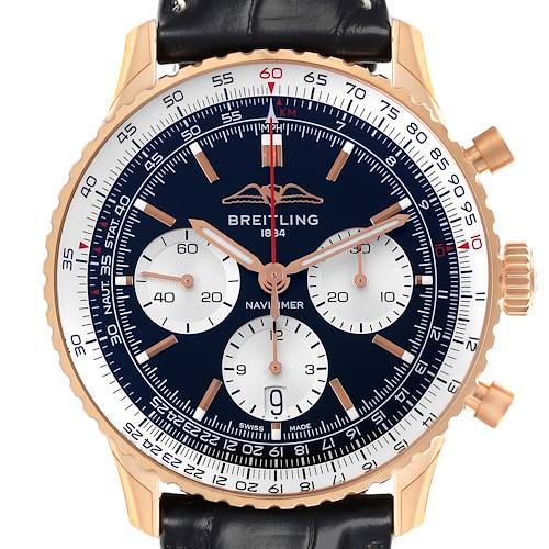 The image shows a frontal view of the Breitling Navitimer RB0138 Men's Rose Gold Black Dial RB0138 Men's Rose Gold Black Dial watch, highlighting the dial, bezel, and strap.
