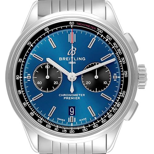 The Breitling Premier AB0118 Men's Stainless Steel Blue Dial AB0118 Men's Stainless Steel Blue Dial watch is shown from a front angle, displaying its blue dial, subdials, date window, and tachymeter.