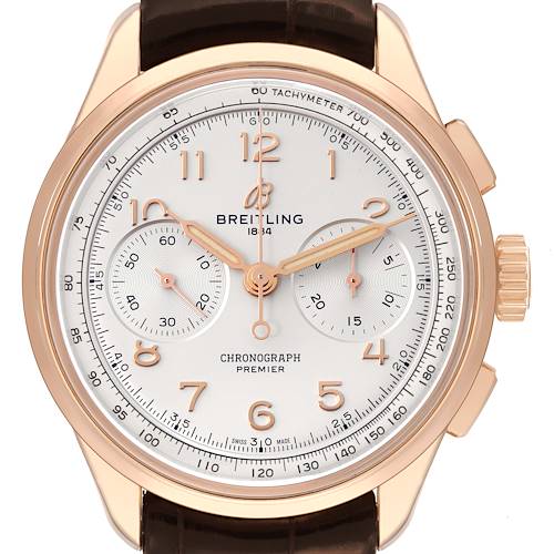 The Breitling Premier RB0930 Men's Rose Gold Silver Dial RB0930 Men's Rose Gold Silver Dial watch is shown from a straight-on angle, highlighting its face, bezel, crown, and chronograph subdials.