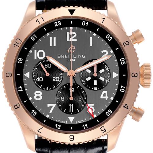 The Breitling Aviator RB04451A1B1X1 Men's Rose Gold Grey Dial RB04451A1B1X1 Men's Rose Gold Grey Dial watch is shown from a front angle, highlighting its dial, hands, subdials, and bezel.