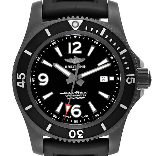 This image shows a front view of the dial and bezel of a Breitling Superocean M17368B71B1S2 Men's Stainless Steel Black Dial M17368B71B1S2 Men's Stainless Steel Black Dial watch.
