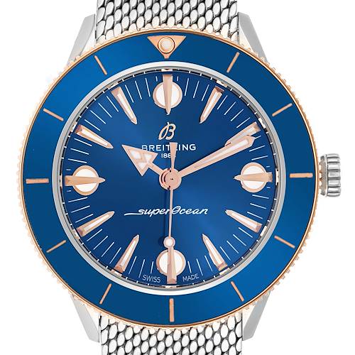 The Breitling Superocean U10340 Men's Stainless Steel Blue Dial model is shown from the front, displaying the dial, bezel, hands, and mesh strap detail.