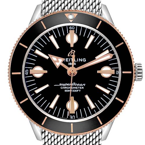 The Breitling Superocean U10370121B1A1 Men's Stainless Steel Black Dial watch is shown front-on, featuring its bezel, dial, hands, indices, and a mesh bracelet.