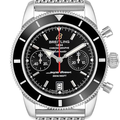 The image shows a front view of the Breitling Superocean A23370 Men's Stainless Steel Black Dial A23370 Men's Stainless Steel Black Dial watch, highlighting the face, bezel, crown, and chronograph buttons.