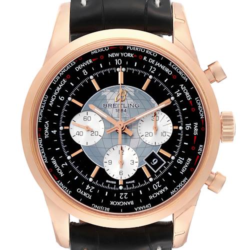 This image shows a front view of the Breitling Transocean RB0510U4-BB63BKLD Men's Rose Gold Black Dial RB0510U4-BB63BKLD Men's Rose Gold Black Dial watch, highlighting its dial, subdials, bezel, and crown.