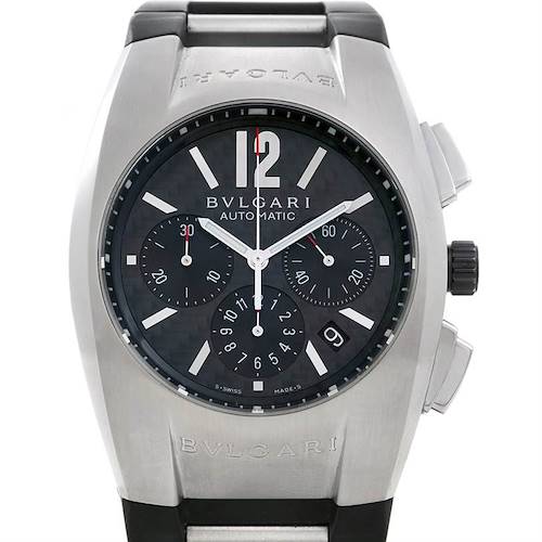 This image shows the front view of a Bvlgari EG40SCH Men's Stainless Steel Black Dial EG40SCH Men's Stainless Steel Black Dial Ergon Men's Automatic Stainless Steel Chronograph Watch EG 40 SCH model, displaying the dial and casing.
