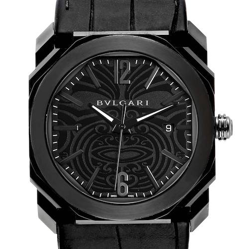 The image shows a front view of a Bvlgari Octo BGO41BSBLD/AB Men's Stainless Steel Black Dial BGO41BSBLD/AB Men's Stainless Steel Black Dial watch, highlighting its black dial with intricate patterns, crown, and strap.