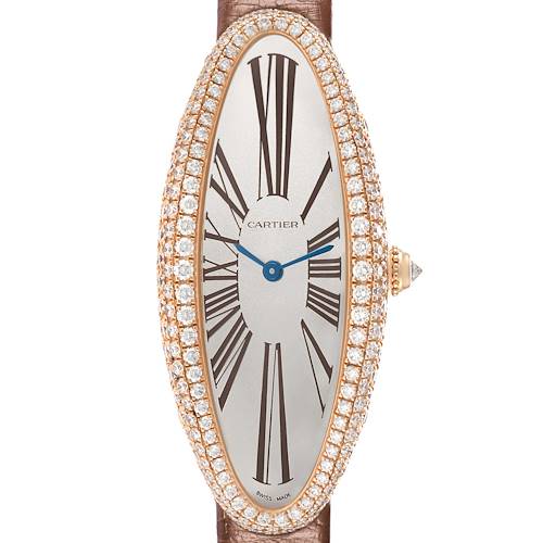 The Cartier Baignoire WJBA0006 Women's Rose Gold Silver Dial watch is shown from a top view, highlighting its oval face, diamond bezel, and brown strap.