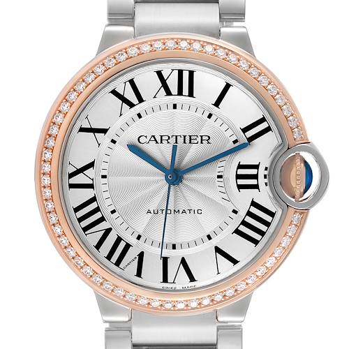 The Cartier Ballon Bleu WE902081 Women's Steel and Gold (two tone) Silver Dial watch is shown from the front, highlighting the dial, diamond bezel, and crown.