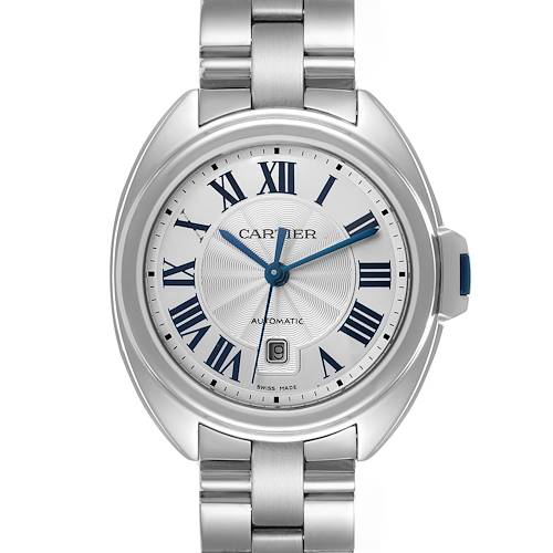 The Cartier Cle WSCL0005 Women's Stainless Steel Silver Dial WSCL0005 Women's Stainless Steel Silver Dial model watch is shown from a front angle, highlighting its round face, Roman numerals, and metallic bracelet.