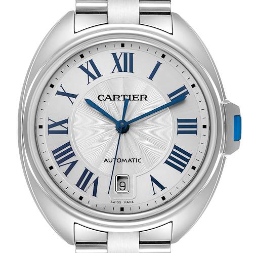 This image shows a front view of the Cartier Clé watch, highlighting its dial with Roman numerals, hands, and date window.