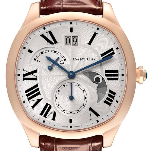 The Drive de Cartier watch by Cartier is shown from the front, displaying its dial, Roman numerals, hands, and subdials.