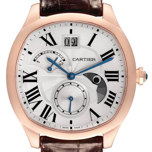 The Drive de Cartier watch is shown from a front angle, highlighting its dial, Roman numerals, subdials, and gold casing.