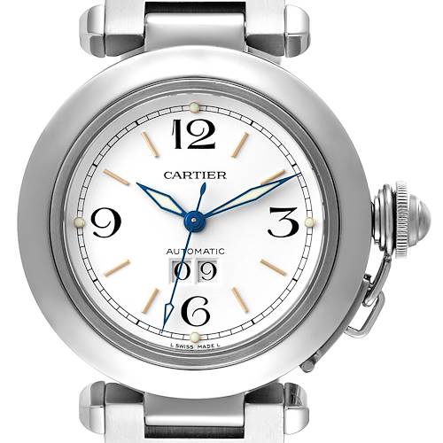 This image shows a frontal view of the Cartier Pasha W31044M7 Men's Stainless Steel White Dial W31044M7 Men's Stainless Steel White Dial watch, highlighting its dial, hands, numerals, and crown guard.