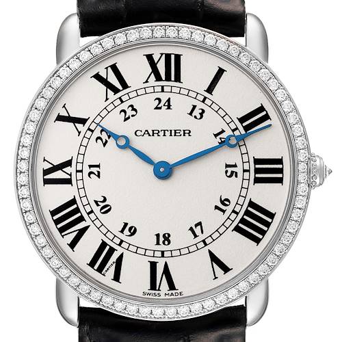 The Cartier Ronde WR000551 Women's White Gold Silver Dial WR000551 Women's White Gold Silver Dial watch is shown from the front, displaying its face, Roman numerals, blue hands, and diamond bezel.