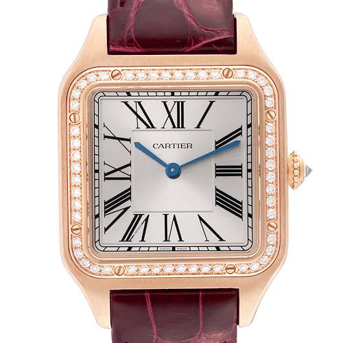 The Cartier Santos WJSA0016 Women's Rose Gold Silver Dial watch is shown from a top view, highlighting the face, bezel, crown, and strap details.