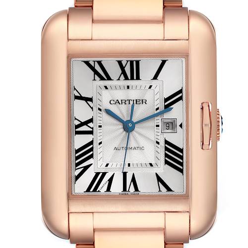 The Cartier Tank Anglaise W5310003 Men's Rose Gold Silver Dial W5310003 Men's Rose Gold Silver Dial model is shown from a front angle, highlighting its rectangular case, dial, and Roman numerals.