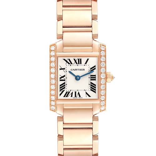 This image shows a frontal view of the Cartier Tank Francaise WE10456H Women's Rose Gold Silver Dial WE10456H Women's Rose Gold Silver Dial watch, highlighting the bracelet, dial, and case.