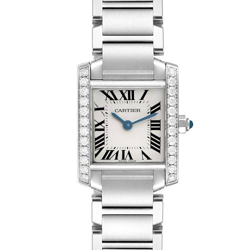 The Cartier Tank Francaise W4TA0008 Women's Stainless Steel Silver Dial is shown from a front angle, highlighting the case, dial, bracelet, and blue hands.