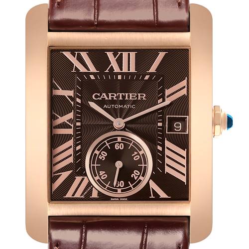 The Cartier Tank MC W5330002 Men's Rose Gold Brown Dial W5330002 Men's Rose Gold Brown Dial watch is shown from a front view, highlighting its dial, Roman numerals, date window, and leather strap.