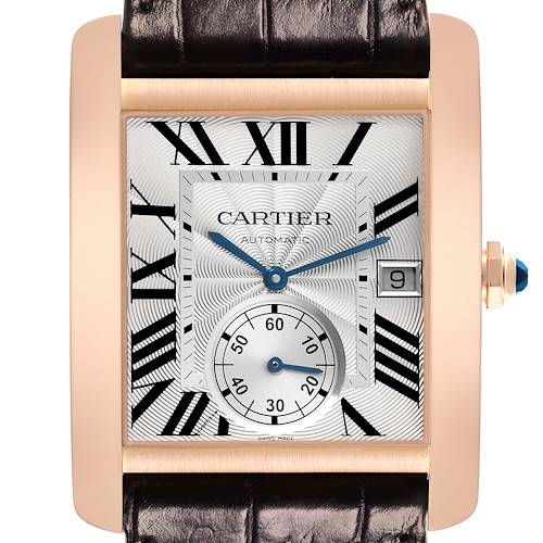 The Cartier Tank MC W5330001 Men's Rose Gold Silver Dial W5330001 Men's Rose Gold Silver Dial watch is shown front-facing, highlighting the dial, Roman numerals, and date window.