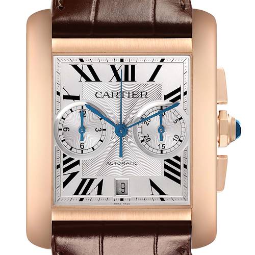 The Cartier Tank MC W5330005 Men's Rose Gold Silver Dial watch is shown from the front, highlighting its rectangular face, subdials, crown, and leather strap.