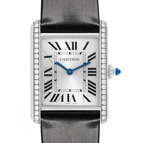 The Cartier Tank Must W4TA0017 Women's Stainless Steel Silver Dial W4TA0017 Women's Stainless Steel Silver Dial watch is shown from a front angle, displaying the face, rectangular case, crown, and strap.