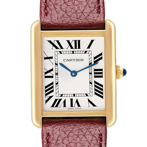 The Cartier Tank Solo W5200004 Men's Steel and Gold (two tone) Silver Dial watch is shown from a front angle, highlighting the rectangular case, Roman numeral dial, and leather strap.