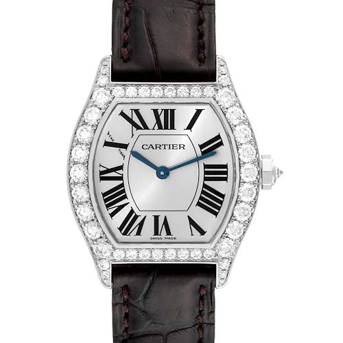 The image displays a front view of the Cartier Tortue WA507231 Women's White Gold Silver Dial WA507231 Women's White Gold Silver Dial watch, highlighting its face, dial, bezel, and part of its leather strap.