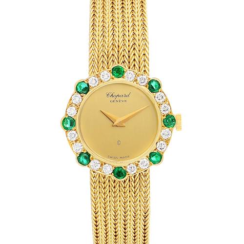 This image shows a front view of the Chopard 4057 Women's Yellow Gold Champagne Dial 4057 Women's Yellow Gold Champagne Dial 4057 18K Yellow Gold Diamond Emerald Vintage Cocktail Ladies Watch.