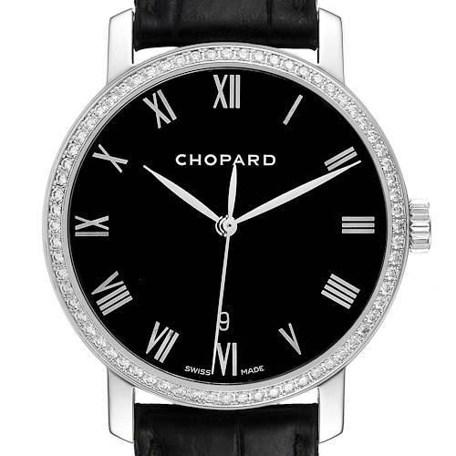 This image shows a front view of the Chopard Happy Diamond 1278 Men's White Gold Black Dial 1278 Men's White Gold Black Dial watch, highlighting its black face, Roman numerals, and diamond-set bezel.