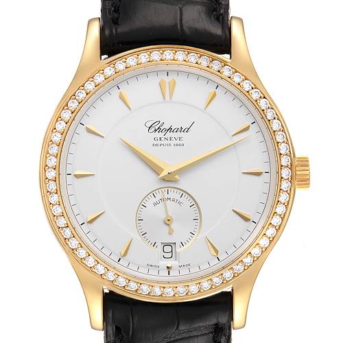 The image shows a frontal view of the Chopard Happy Diamond 17/1860 Men's Yellow Gold Silver Dial 17/1860 Men's Yellow Gold Silver Dial watch, highlighting its gold case, diamond bezel, and black leather strap.