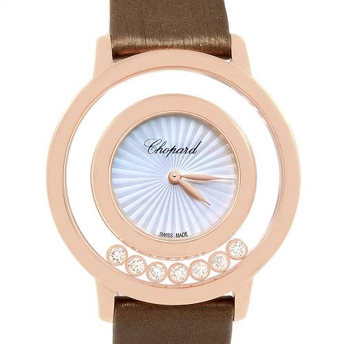 The image shows a front view of the Chopard 4596 Women's Rose Gold Mother of Pearl Dial 4596 Women's Rose Gold Mother of Pearl Dial Happy Diamond Rose Gold Floating Diamonds Watch 4596 model, highlighting its dial and floating diamonds.