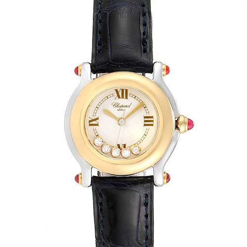 The Chopard 27/8246-21 Women's Steel and Gold (two tone) White Dial 27/8246-21 Women's Steel and Gold (two tone) White Dial Happy Sport 5 Floating Diamond Yellow Gold Steel Watch 8246 model is shown from a top-down angle, highlighting the dial, case, and strap.
