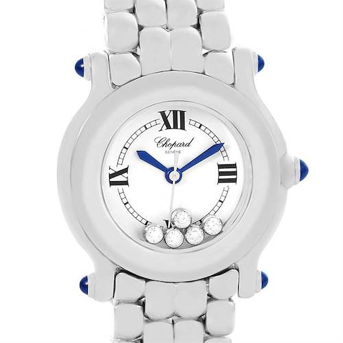 The Chopard 27-8250 Women's Stainless Steel White Dial 27-8250 Women's Stainless Steel White Dial Happy Sport 5 Floating Diamonds Steel Ladies Watch 27-8250 is shown from the front, highlighting its face and bezel.