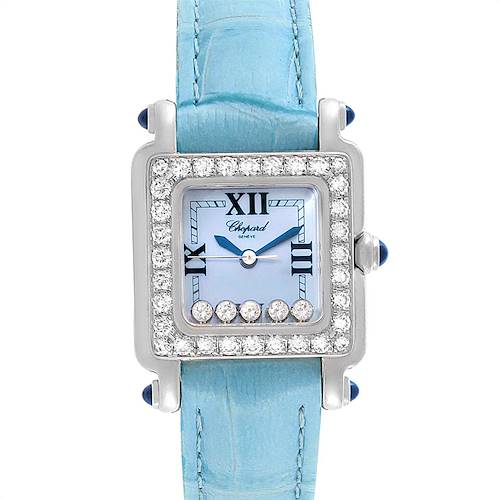 This image shows a front view of the Chopard 27/8894-23/11 Women's Stainless Steel Mother of Pearl Dial 27/8894-23/11 Women's Stainless Steel Mother of Pearl Dial Happy Sport Blue Mother Of Pearl Diamond Ladies Watch 27/8894-23/11, highlighting its watch face and band.