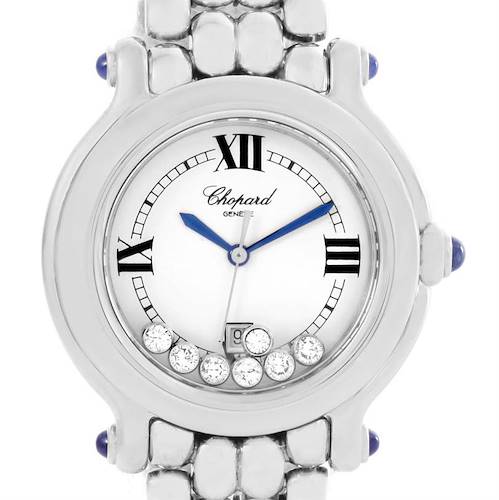 The image shows a frontal view of the Chopard 278236-3005 Women's Stainless Steel White Dial 278236-3005 Women's Stainless Steel White Dial Happy Sport Floating Diamond Stainless Steel Watch, model 278236-3005, highlighting its face and band.