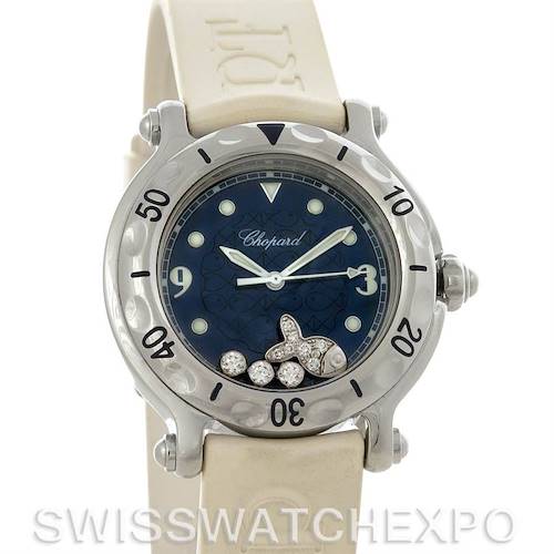 This image shows the front angle of the Chopard 278923-3001 Women's Stainless Steel Blue Dial 278923-3001 Women's Stainless Steel Blue Dial Happy Sport Rubber Strap 278923-3001 Watch, highlighting the face, bezel, and strap.