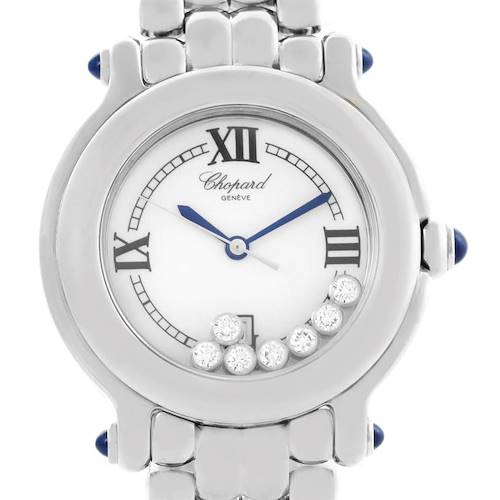 This image shows a front view of the Chopard 278236-3005 Women's Stainless Steel White Dial 278236-3005 Women's Stainless Steel White Dial Happy Sport White Dial Floating Diamond Watch 278236-3005, with a focus on its dial and floating diamonds.