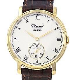 This is a front view of the Chopard 16-1223 Yellow Gold White Dial 16-1223 Yellow Gold White Dial Les Classique Luc Homme 18k Yellow Gold 16/1223 watch, showing the dial and strap.