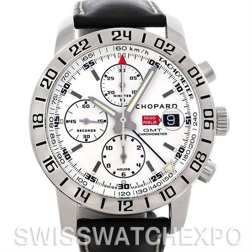 The image shows a front view of the Chopard Mille Miglia 168992-3003 Men's Stainless Steel White Dial 168992-3003 Men's Stainless Steel White Dial watch, displaying its dial, subdials, tachymeter, and crown.