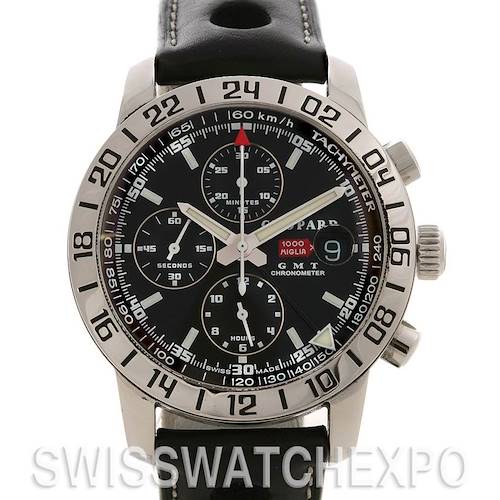 The image shows a front view of a Chopard Mille Miglia 168992-3001 Men's Stainless Steel Black Dial 168992-3001 Men's Stainless Steel Black Dial watch, highlighting the dial, tachymeter bezel, and leather strap.
