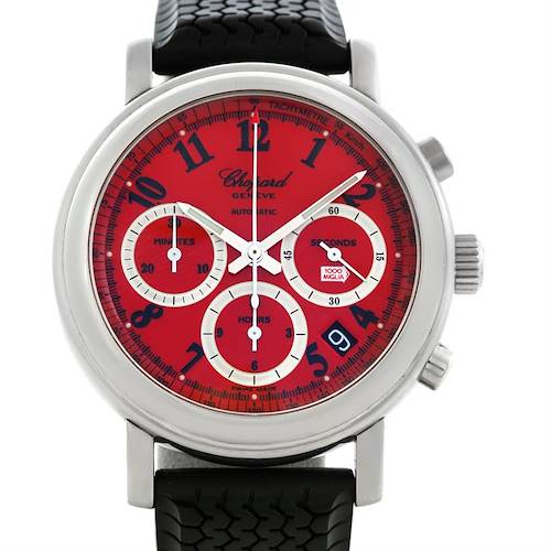 The Chopard Mille Miglia 16-8331 Men's Stainless Steel Red Dial 16-8331 Men's Stainless Steel Red Dial watch is shown from a front angle, highlighting its red dial, chronograph subdials, and tachymeter scale.