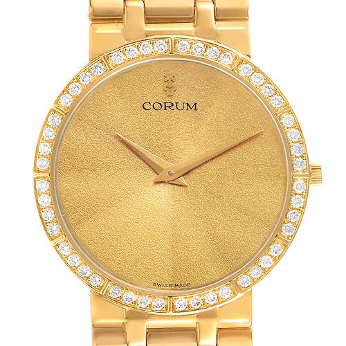 The Corum 50.128.65 H-041 Men's Yellow Gold Champagne Dial 50.128.65 H-041 Men's Yellow Gold Champagne Dial 18k Yellow Gold Prism Crystal Diamond Men's Watch 50.128.65 is shown from a front angle, showcasing its gold dial and diamond bezel.