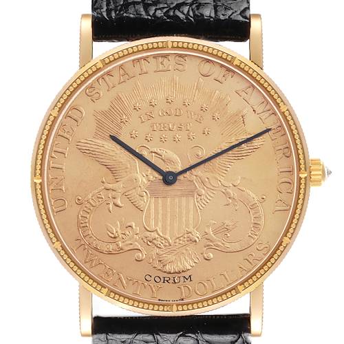 The Corum Coin Watch 4414556 Men's Yellow Gold Champagne Dial 4414556 Men's Yellow Gold Champagne Dial model is shown from a front angle, highlighting the coin dial, hands, bezel, lugs, crown, and part of the strap.