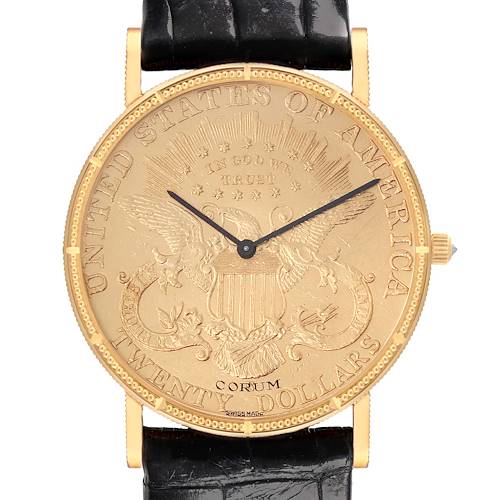 The Corum Coin Watch 1894 Men's Yellow Gold Champagne Dial 1894 Men's Yellow Gold Champagne Dial is shown from the front, highlighting its coin-themed dial and black leather strap.