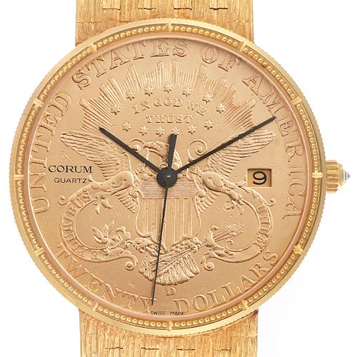 The Corum Coin Watch Men's Yellow Gold Champagne Dial Men's Yellow Gold Champagne Dial model is shown from a frontal angle, featuring the embossed coin design, hands, and date window.