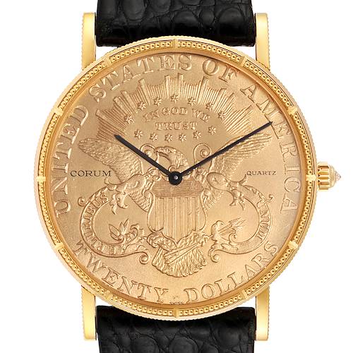 The image shows a front view of a Corum Coin Watch  Men's Yellow Gold Black Dial  Men's Yellow Gold Black Dial model, highlighting the detailed watch face and black strap.